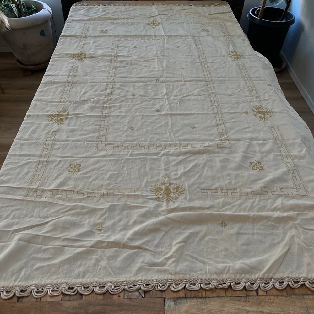 Linen Gold-Toned Greek Geometric Embroidered Tablecloth 56" x 76" Looped Trim